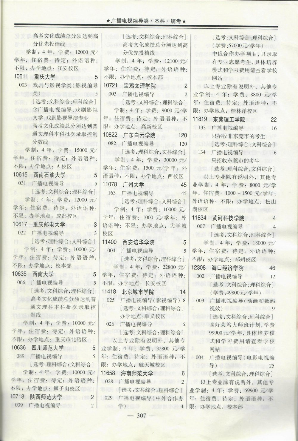 2020年在广东招生编导专业涉及统考院校名单专业学费