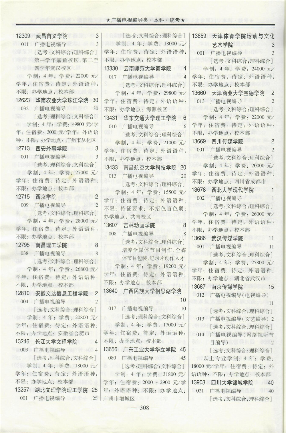 2020年在广东招生编导专业涉及统考院校名单专业学费