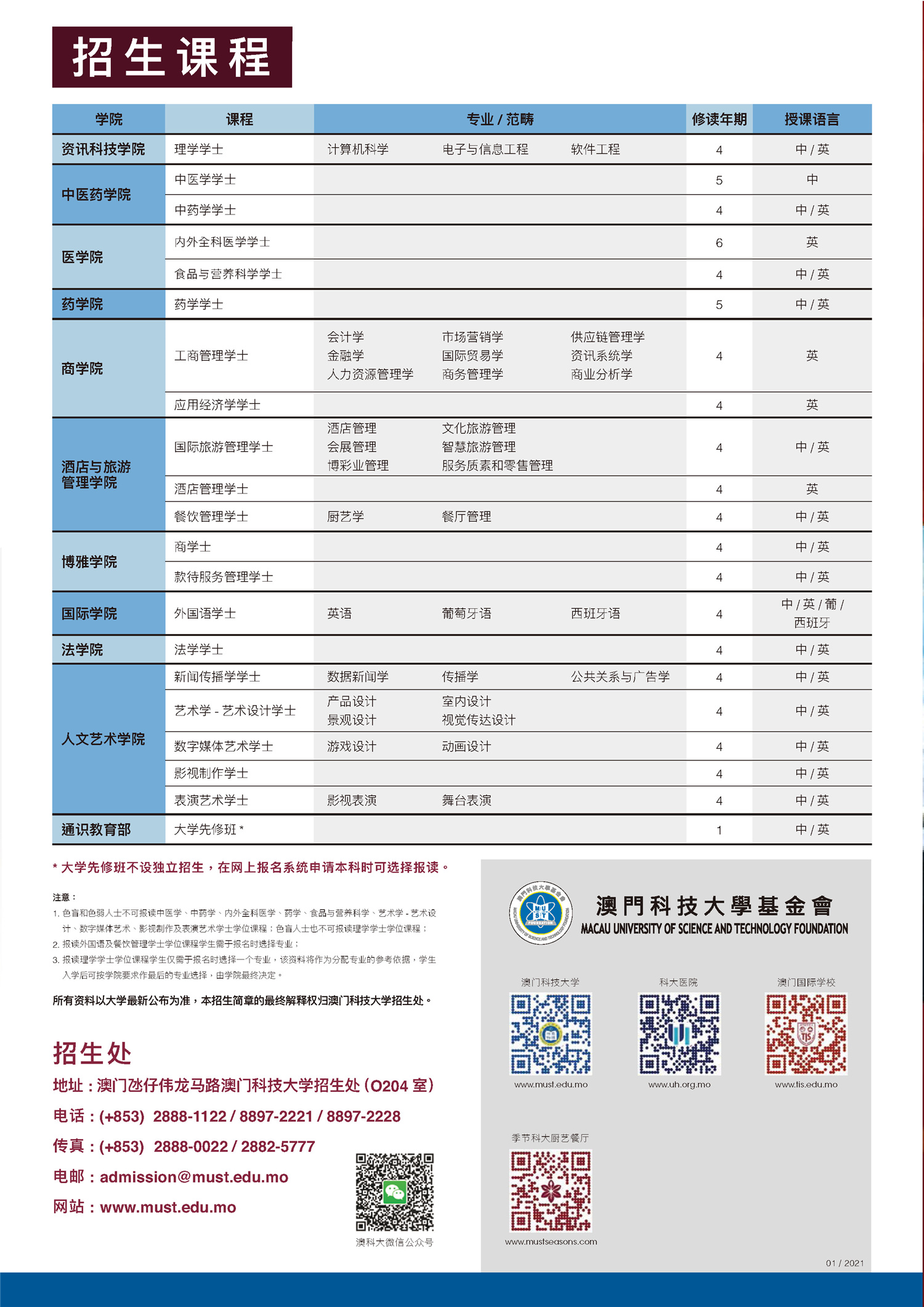 澳门科技大学2021年招生简章