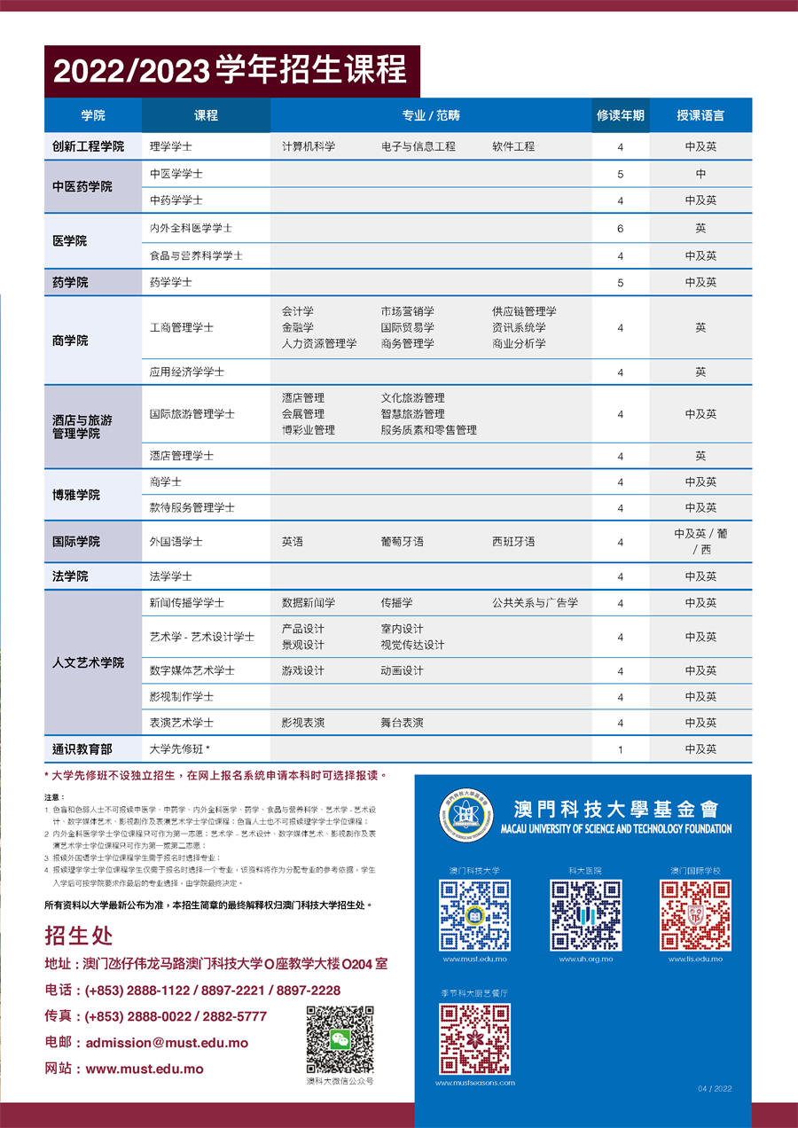 澳门科技大学2022年招生简章