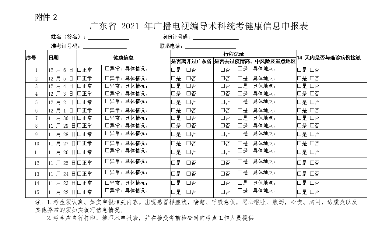 广东省 2021 年广播电视编导术科统考健康信息申报表