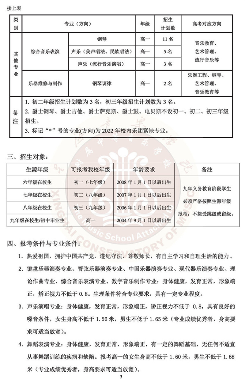 星海音乐学院附中2022年招生简章